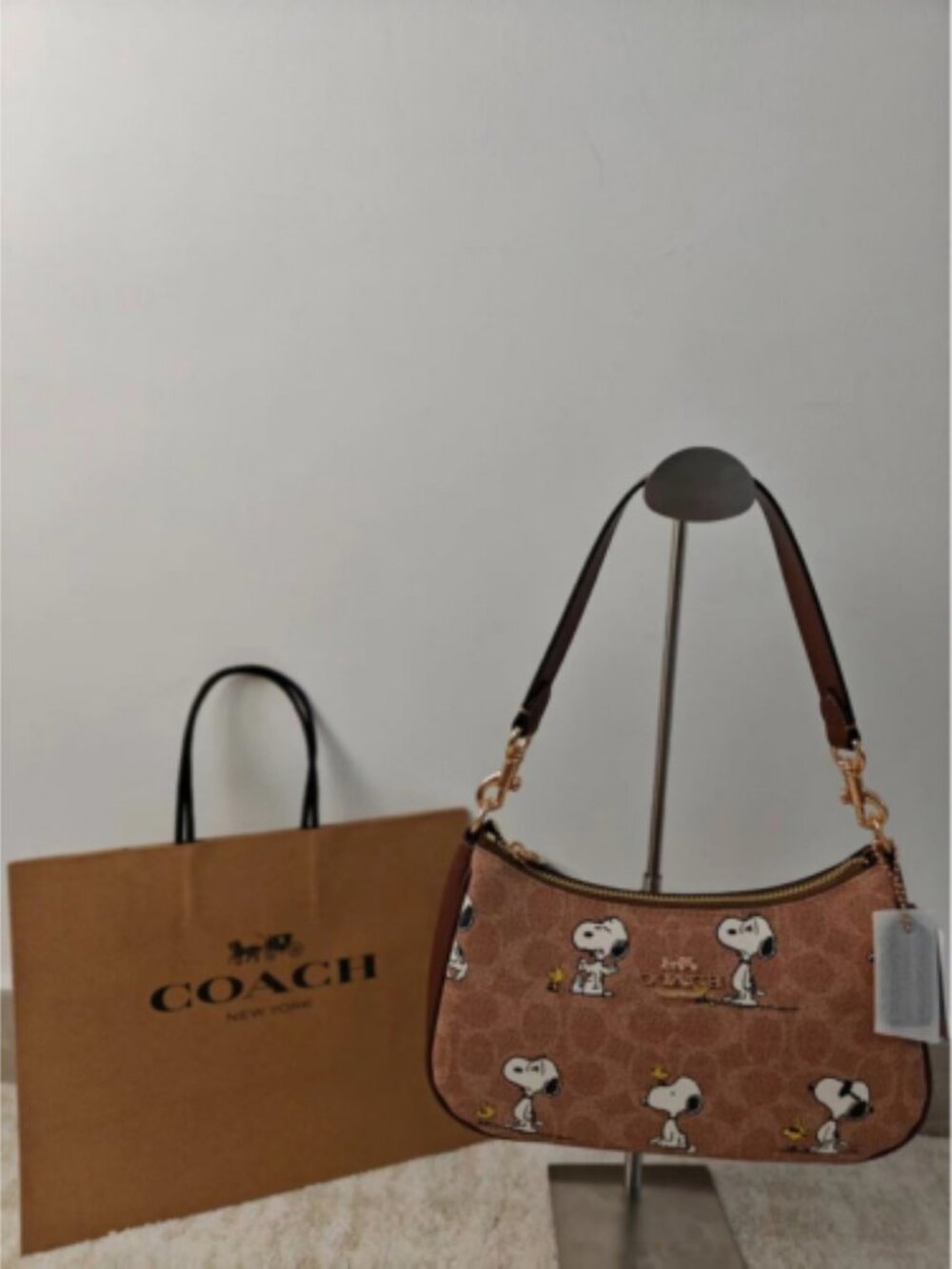 COACH x PEANUTS Teri Shoulder Tan Brown Snoopy Print Signature Canvas CBJ88